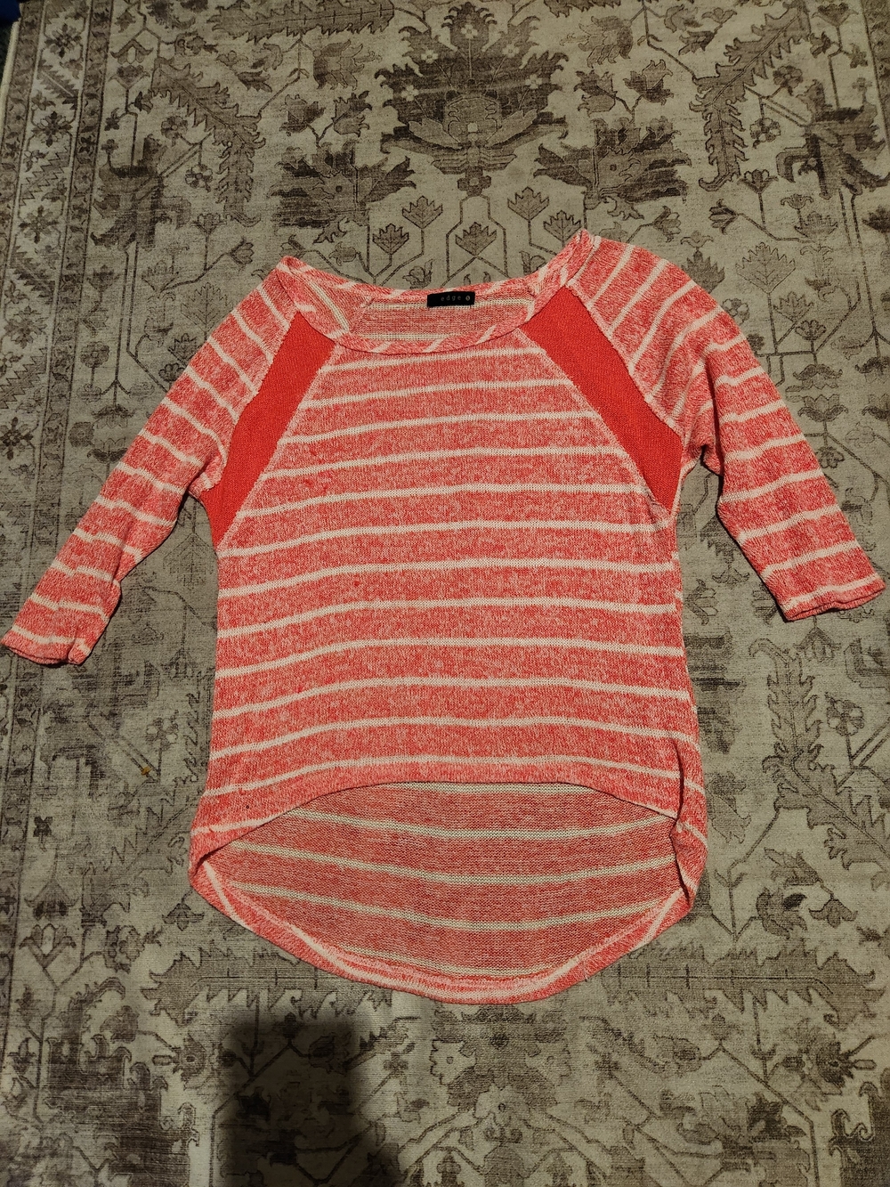 edge Coral and White Striped Raglan High-Low Long Sleeve Tee
